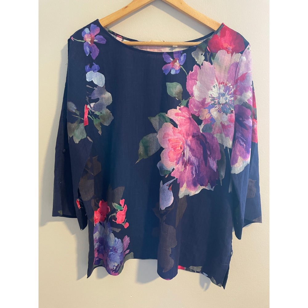 NEW Soft Surroundings Lizette Top XL Navy Floral Linen Blend 3/4 Sleeve Blouse